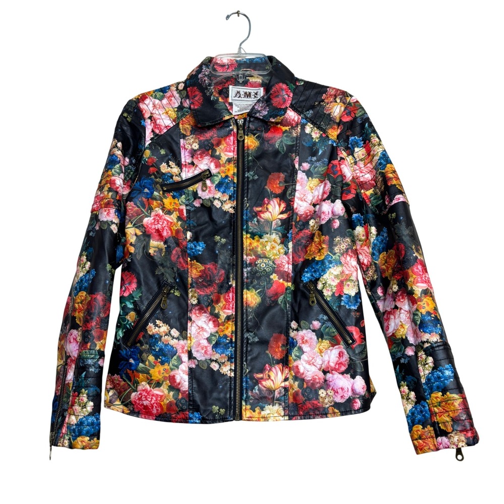 y2k AMI Floral Moto Jacket Womens M Black Faux Leather Biker Zip Colorful Edgy